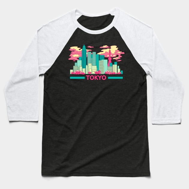 The colorful Tokyo skyscrapers and the cherry blossom on the black background Baseball T-Shirt by AnGo